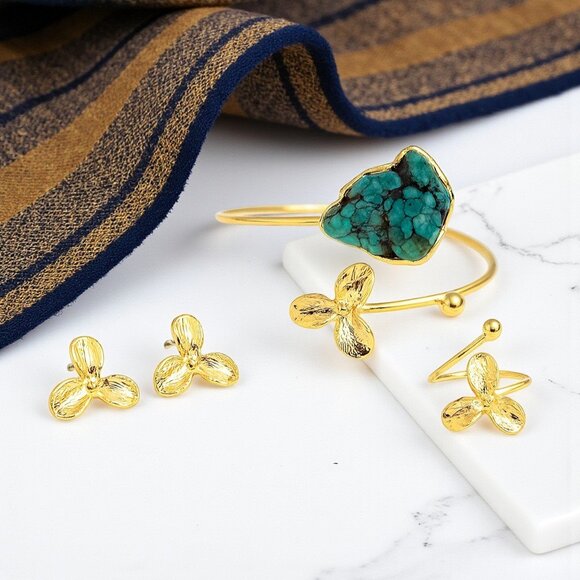 ๐Turkish Artisanal 18K Gold Plated Brass Statement Jewelry Set With Turquoise - Picture 5 of 11